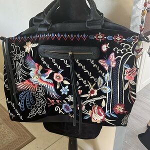 JohnnyWas New Dreamer overnight tote embroidered bird floral black leatherhandle